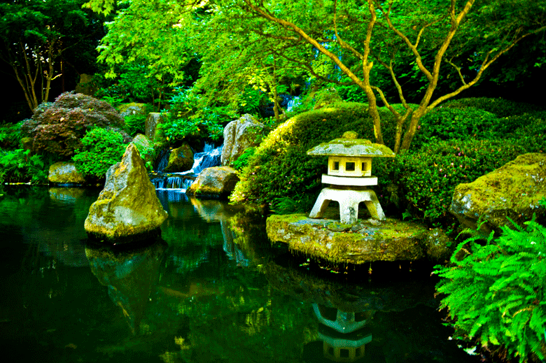 Japanese Garden on rock in pond with waterfall, Portland, Oregan